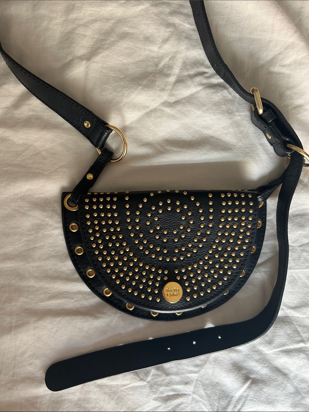 See By Chloé Black Studded Belt or Crossbody Bag with Gold Hardware